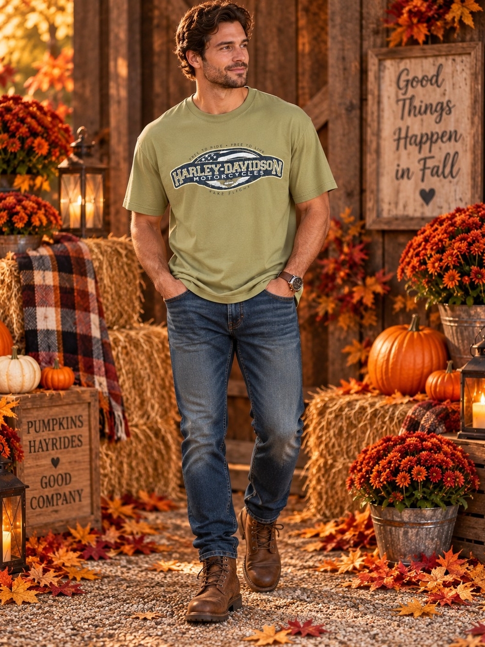 Harley-Davidson Men's Olive Graphic Tee - Casual Crew Neck Size L Gorpcore Biker